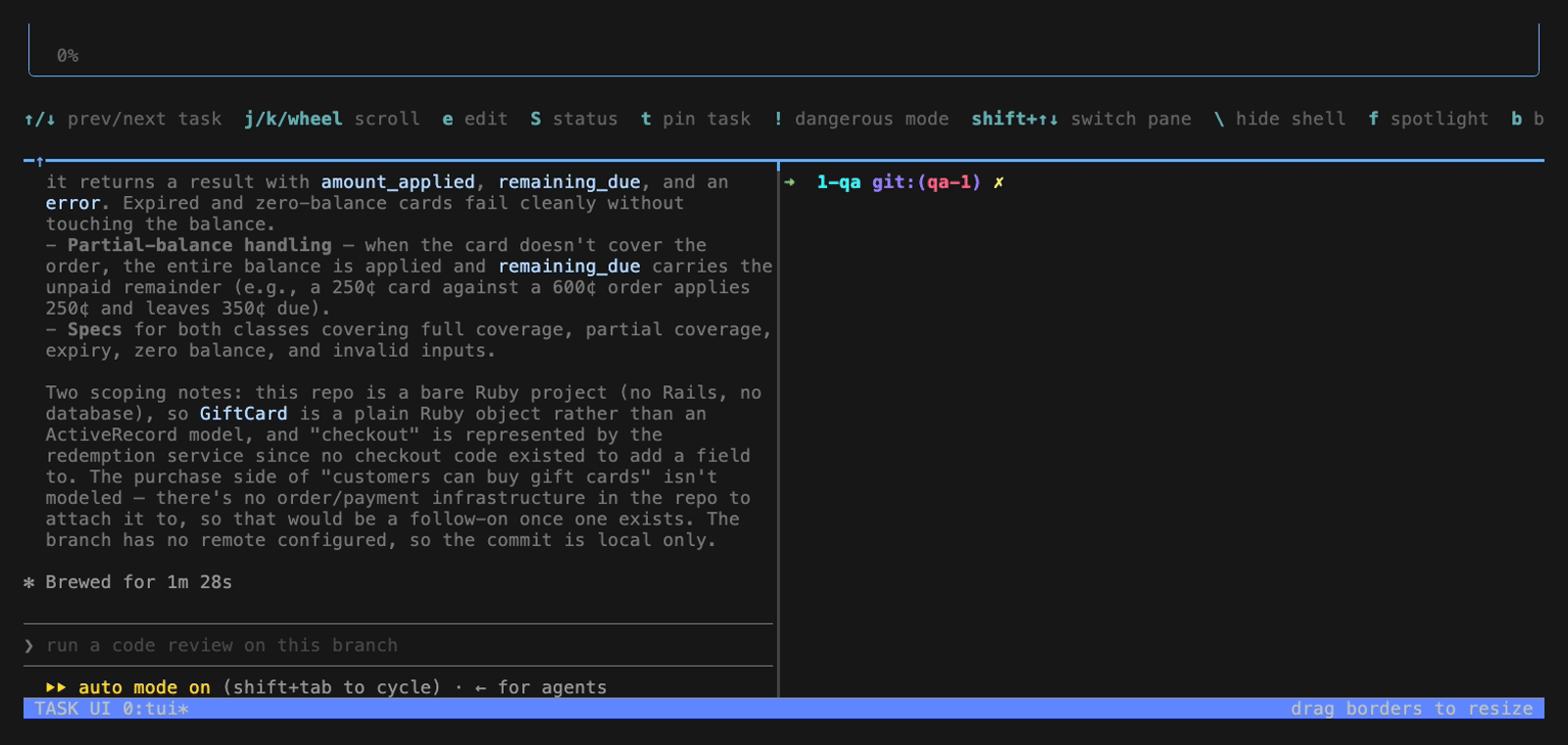 Task detail view with diff